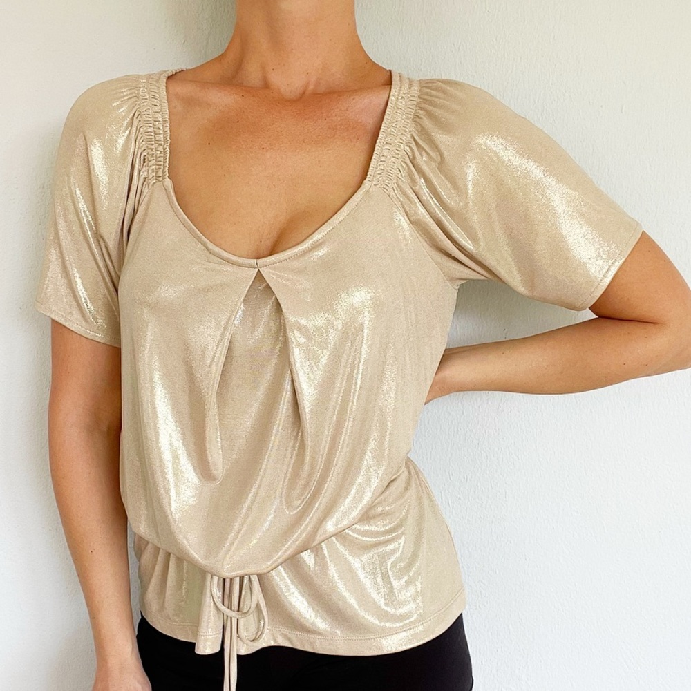Vintage NY&Co metallic gold cinched waist blouse size XS